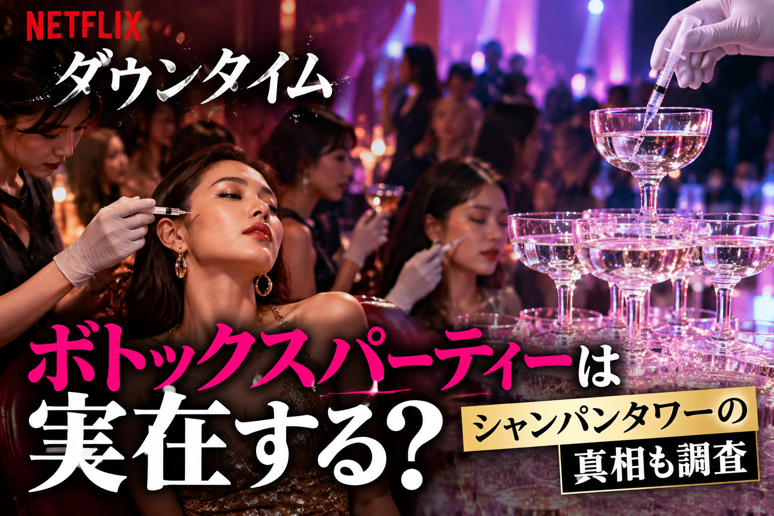 Netflix『ダウンタイム』のボトックスパーティーは実在する？シャンパンタワーの真相も調査
